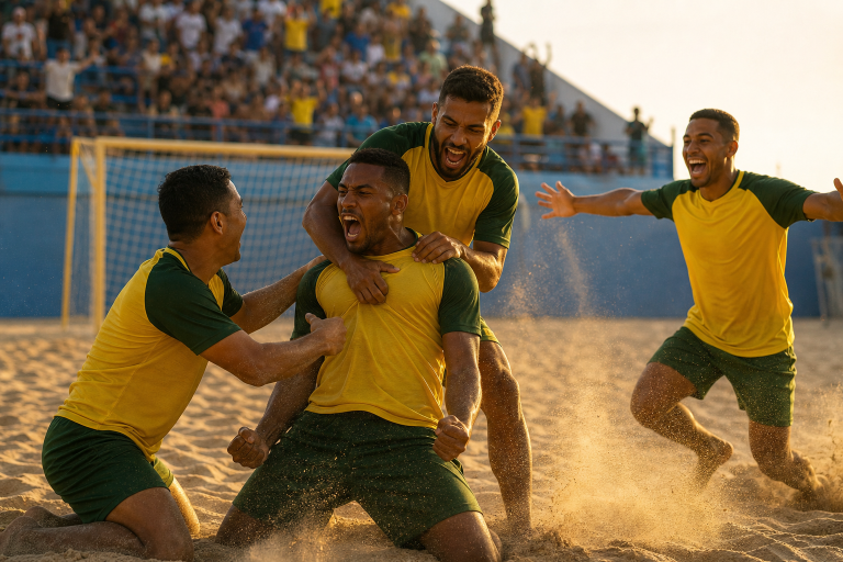 Brasil conquista a Copa das Nações de beach soccer no masculino e no feminino Jogadores e comissão técnica do Brasil comemoram título da Copa das Nações de beach soccer em uma arena de areia, sem textos ou logotipos legíveis